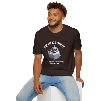 Maglietta unisex Fishlosophy - Design con vibrazioni oceaniche e domande sulla vita - La cura per tutte le malattie è l'acqua salata.