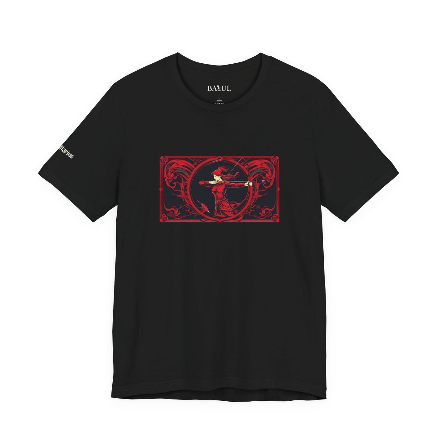 Sagittario - T-shirt Zodiaco gotico. Grafica rossa sul davanti. Zodiaco nell'ombra.