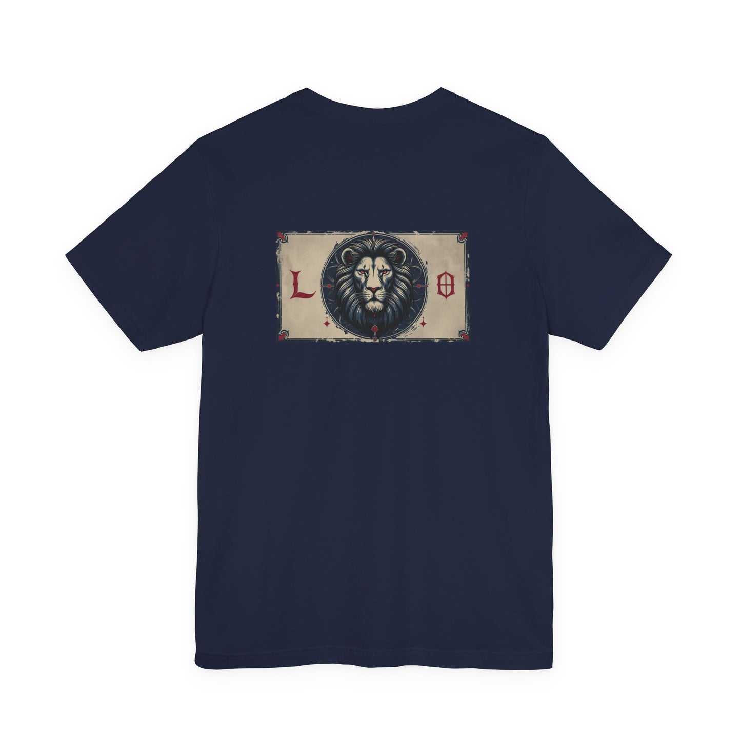 Leone - T-shirt con segno zodiacale gotico. Grafica blu sul retro. Segno zodiacale nell'ombra.