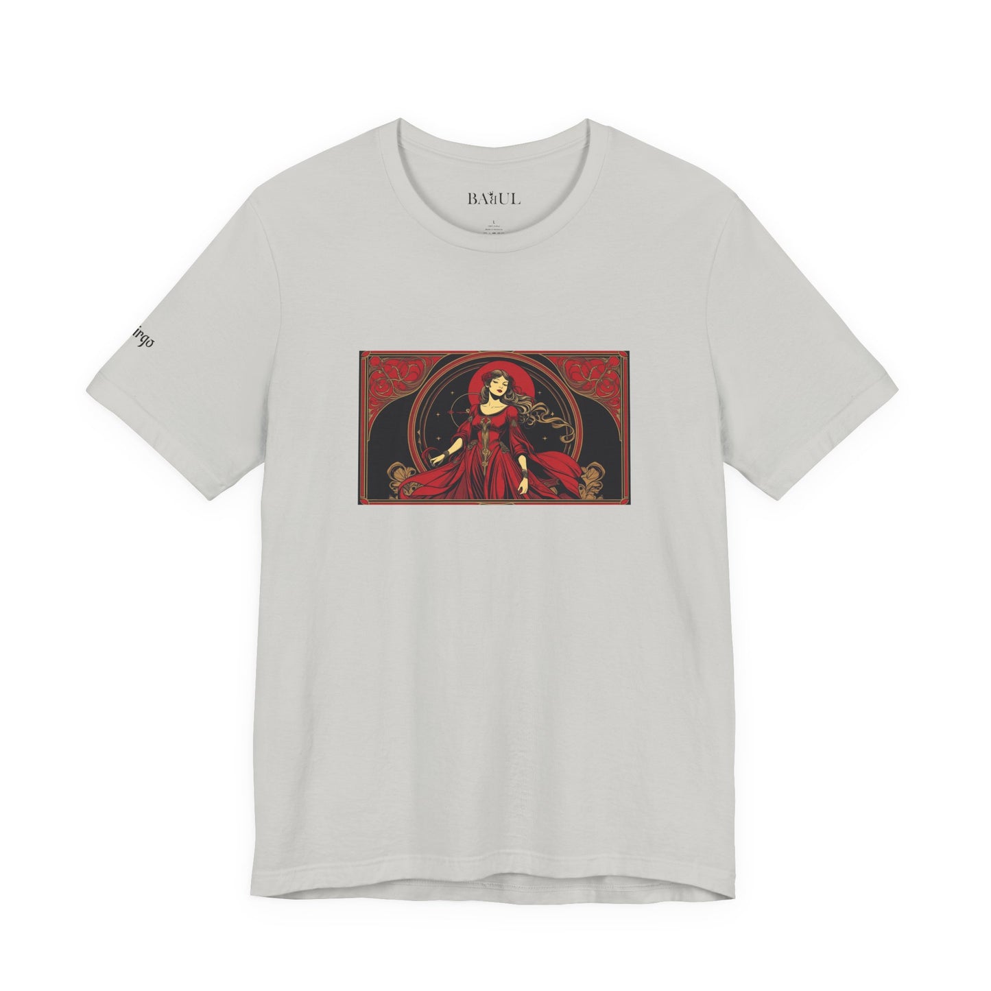 Vergine - T-shirt Zodiaco gotico. Grafica rossa sul davanti. Zodiaco nell'ombra.