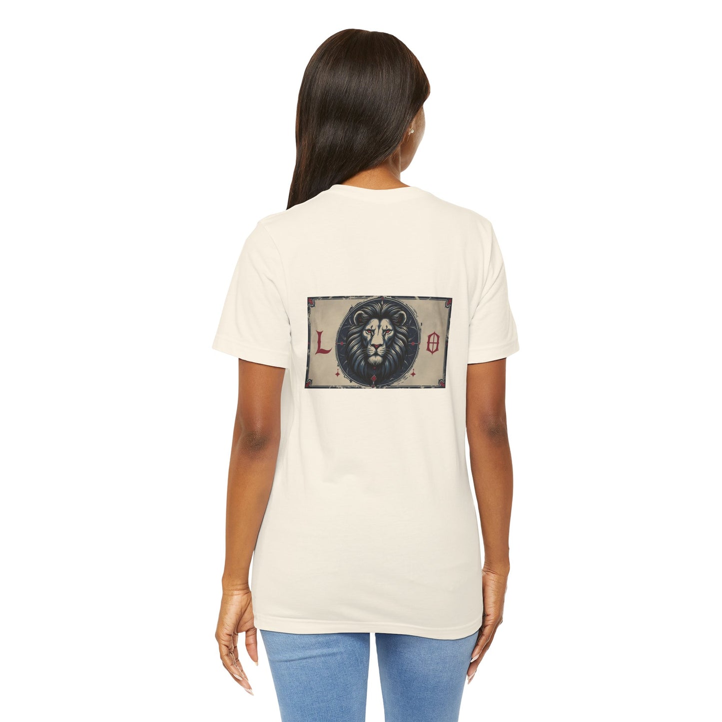 Leone - T-shirt con segno zodiacale gotico. Grafica blu sul retro. Segno zodiacale nell'ombra.