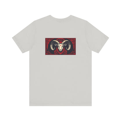 Ariete - Zodiaco gotico, maglietta con grafica rossa sul retro. Zodiaco nell'ombra