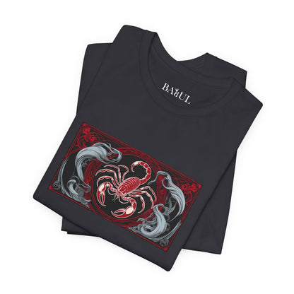 Scorpione - T-shirt Zodiaco gotico. Grafica rossa sul davanti. Zodiaco nell'ombra.