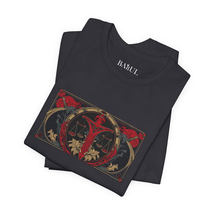 Bilancia - T-shirt Zodiaco gotico. Grafica rossa sul davanti. Zodiaco nell'ombra.