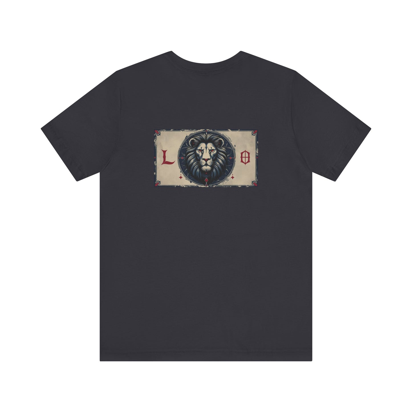 Leone - T-shirt con segno zodiacale gotico. Grafica blu sul retro. Segno zodiacale nell'ombra.