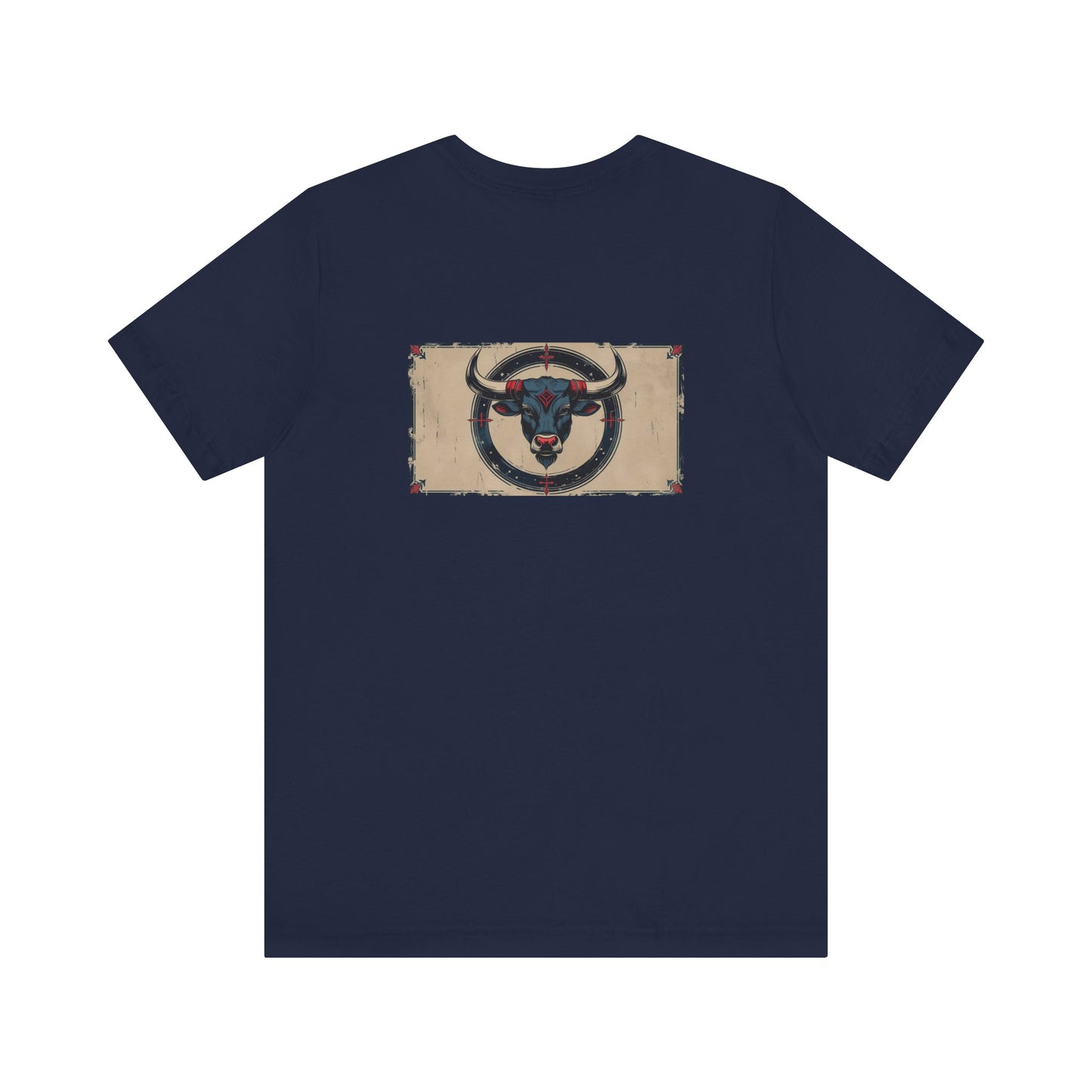 Toro - T-shirt con segno zodiacale gotico. Grafica blu sul retro. Segno zodiacale nell'ombra.