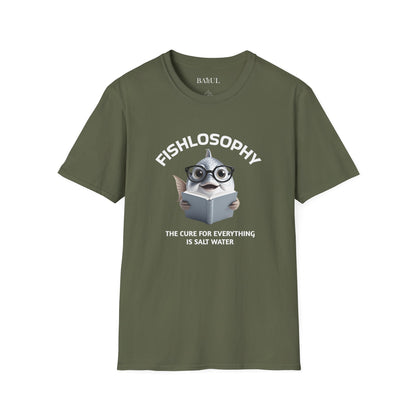 Maglietta unisex Fishlosophy - Design con vibrazioni oceaniche e domande sulla vita - La cura per tutte le malattie è l'acqua salata.
