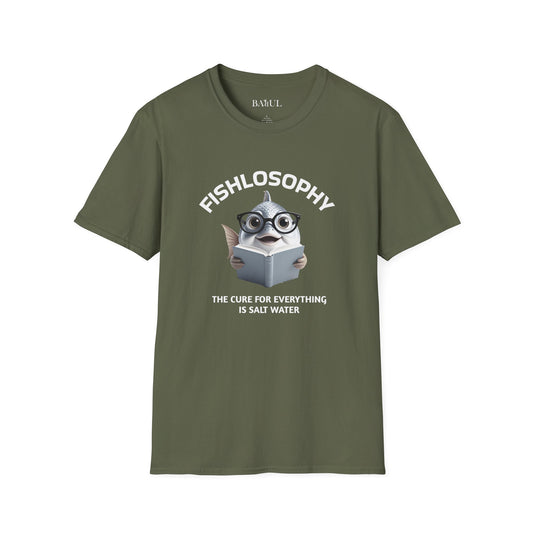 Maglietta unisex Fishlosophy - Design con vibrazioni oceaniche e domande sulla vita - La cura per tutte le malattie è l'acqua salata.