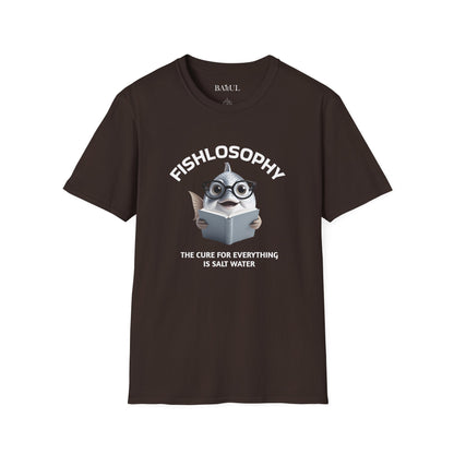 Maglietta unisex Fishlosophy - Design con vibrazioni oceaniche e domande sulla vita - La cura per tutte le malattie è l'acqua salata.