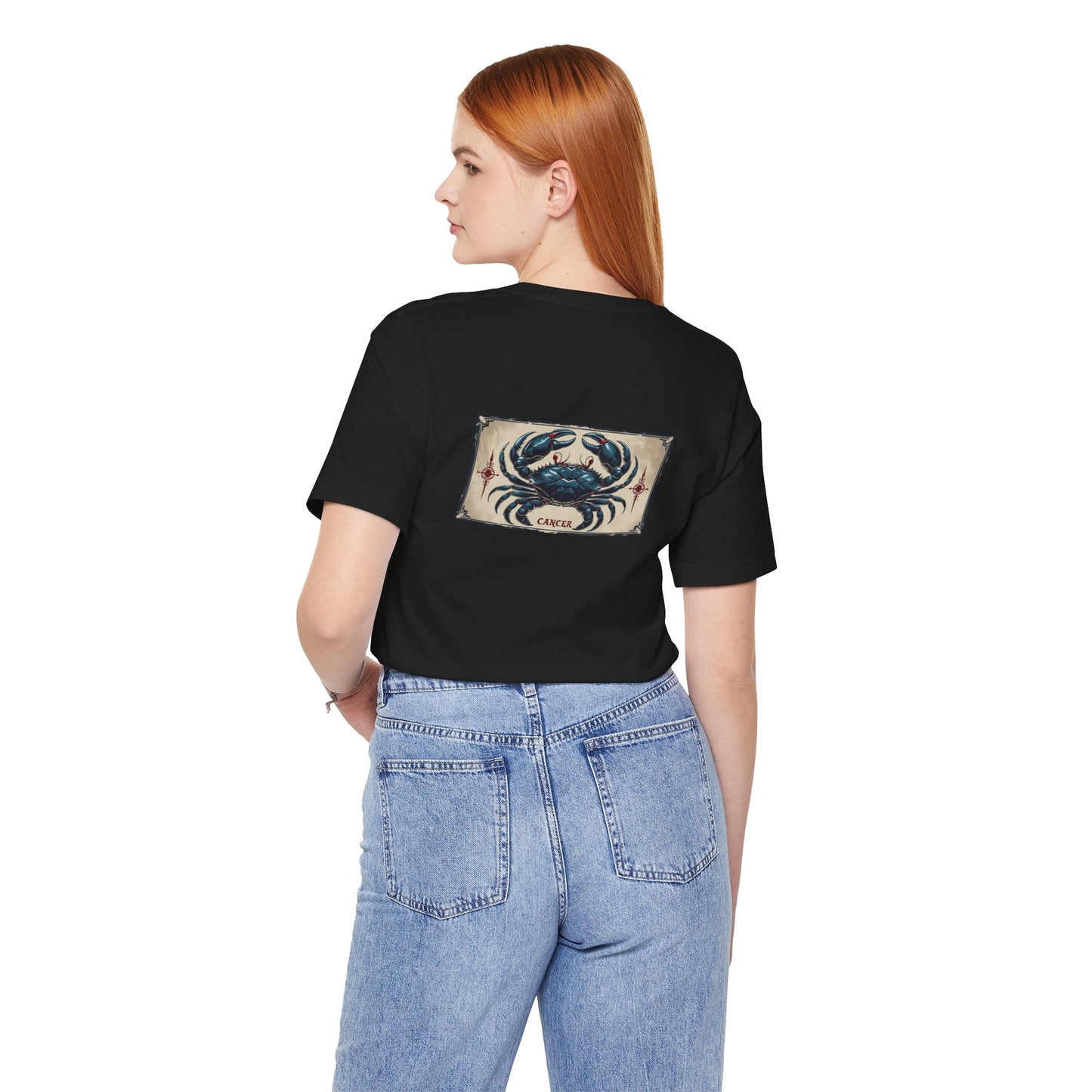 Cancro - T-shirt con segno zodiacale gotico. Grafica blu sul retro. Segno zodiacale nell'ombra.