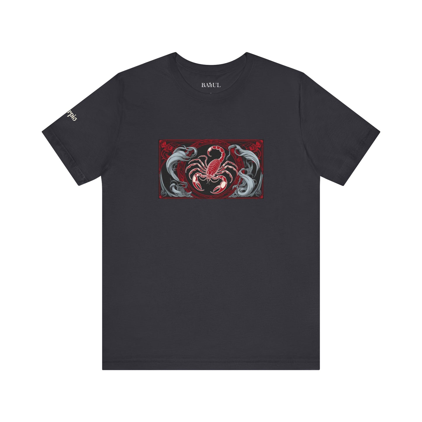 Scorpione - T-shirt Zodiaco gotico. Grafica rossa sul davanti. Zodiaco nell'ombra.