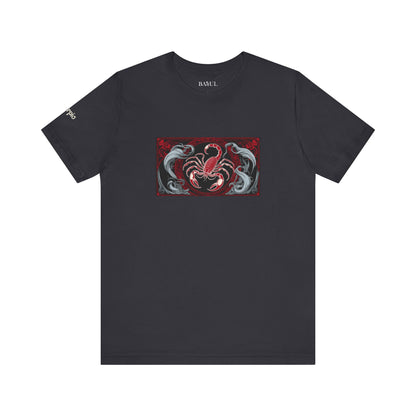 Scorpione - T-shirt Zodiaco gotico. Grafica rossa sul davanti. Zodiaco nell'ombra.