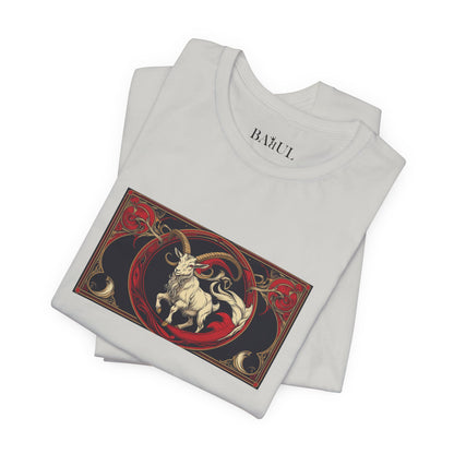 Capricorno - T-shirt Zodiaco gotico. Grafica rossa sul davanti. Zodiaco nell'ombra.