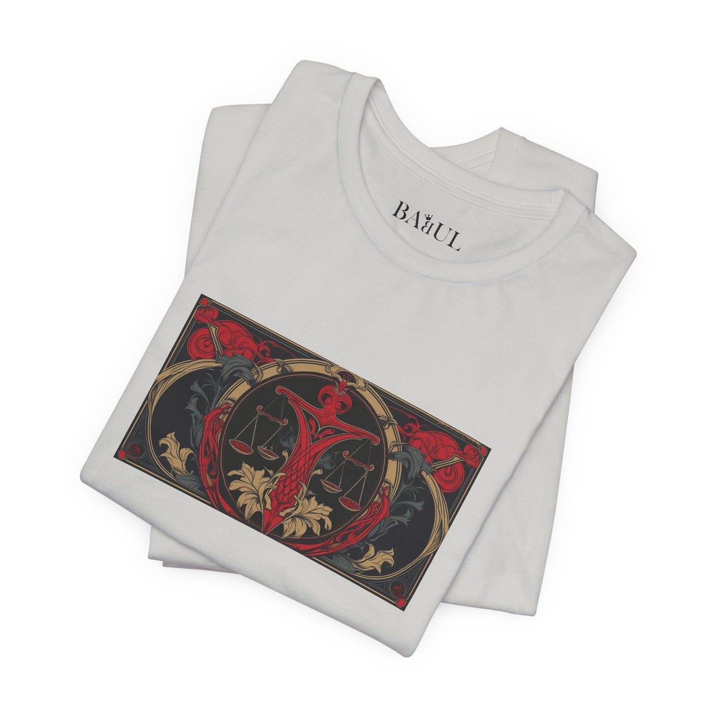 Bilancia - T-shirt Zodiaco gotico. Grafica rossa sul davanti. Zodiaco nell'ombra.