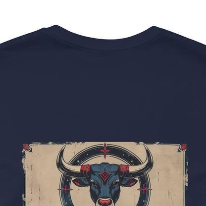 Toro - T-shirt con segno zodiacale gotico. Grafica blu sul retro. Segno zodiacale nell'ombra.
