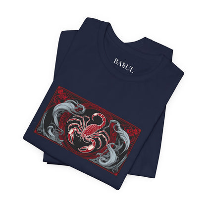 Scorpione - T-shirt Zodiaco gotico. Grafica rossa sul davanti. Zodiaco nell'ombra.