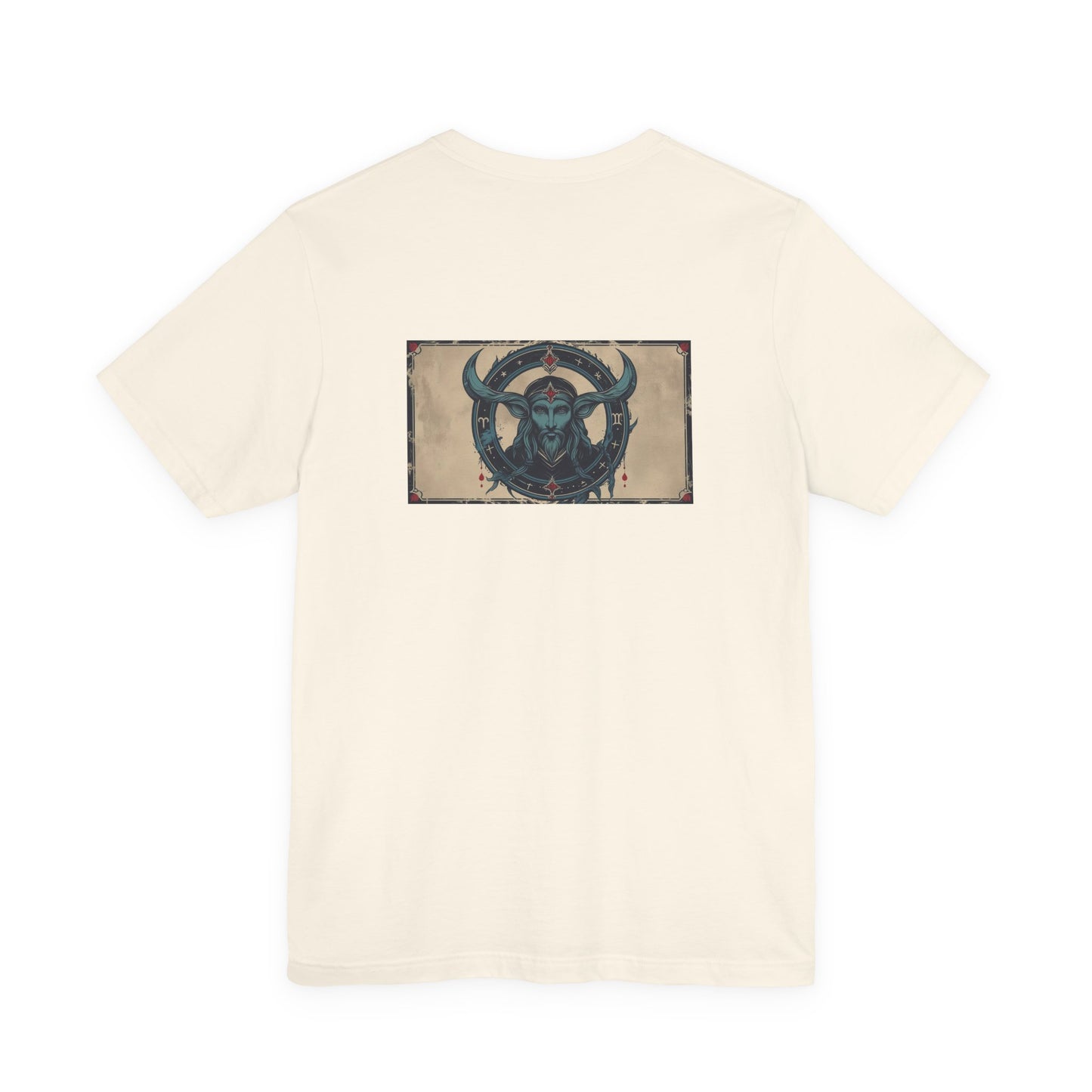 Capricorno - T-shirt con segno zodiacale gotico. Grafica blu sul retro. Segno zodiacale nell'ombra.