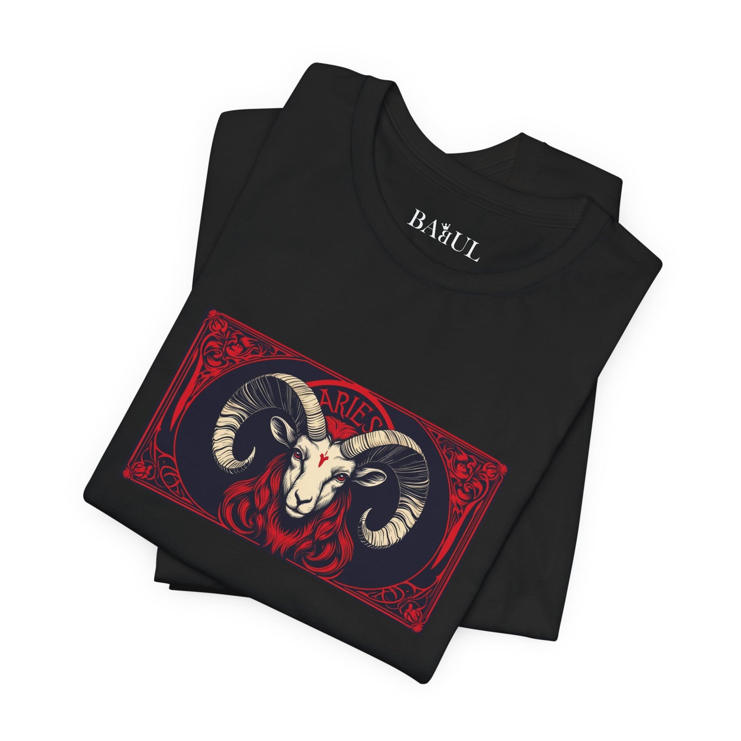 Ariete - T-shirt Zodiaco gotico. Grafica rossa sul davanti. Zodiaco nell'ombra.