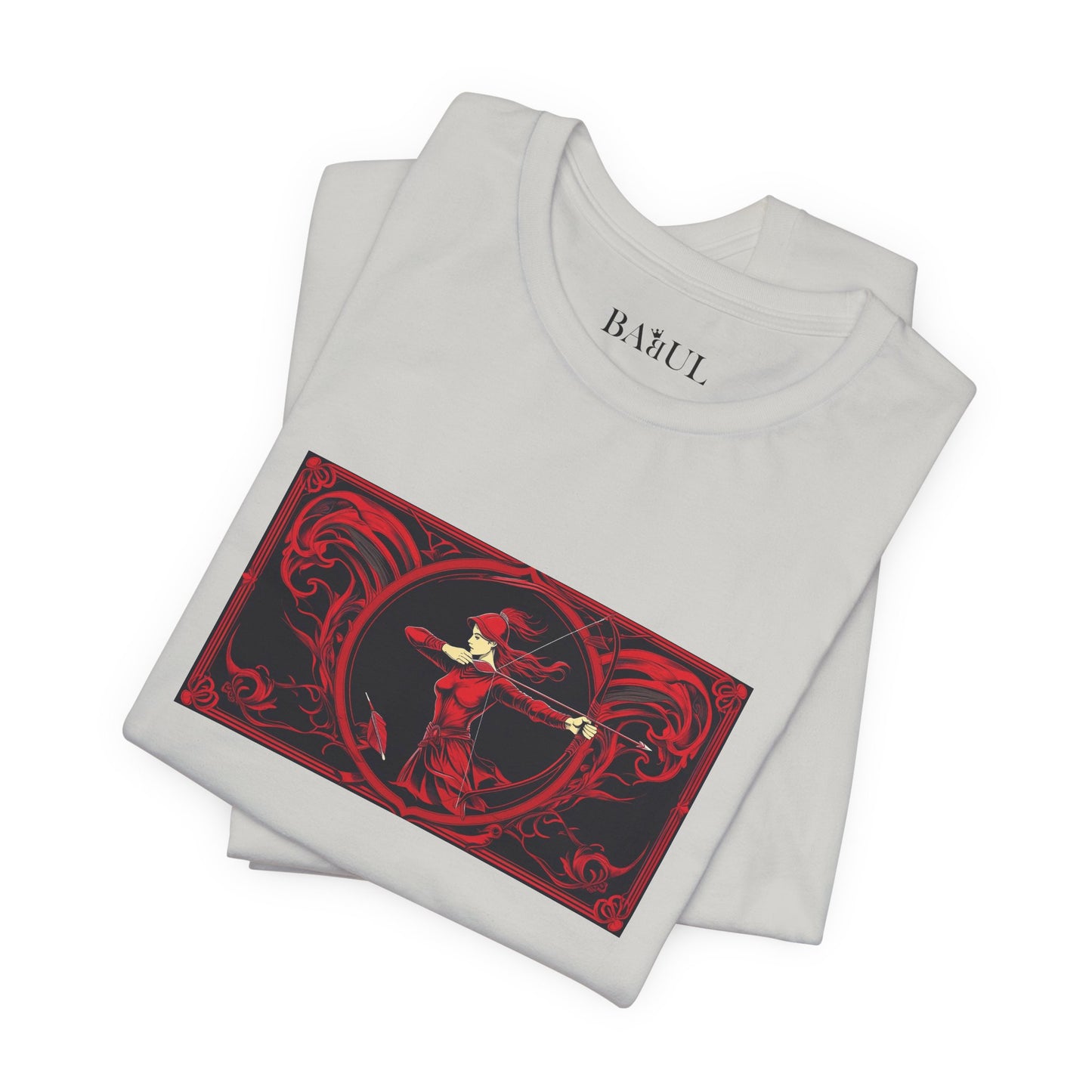Sagittario - T-shirt Zodiaco gotico. Grafica rossa sul davanti. Zodiaco nell'ombra.