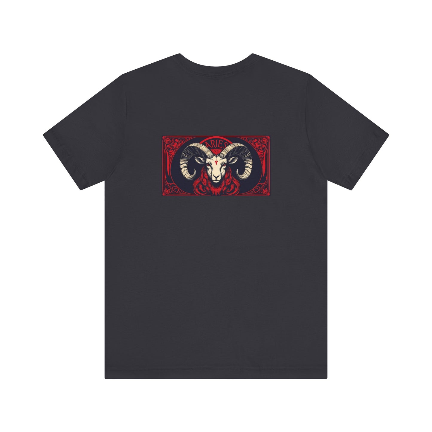 Ariete - Zodiaco gotico, maglietta con grafica rossa sul retro. Zodiaco nell'ombra
