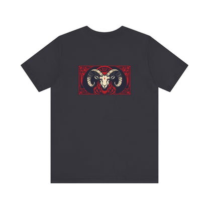 Ariete - Zodiaco gotico, maglietta con grafica rossa sul retro. Zodiaco nell'ombra