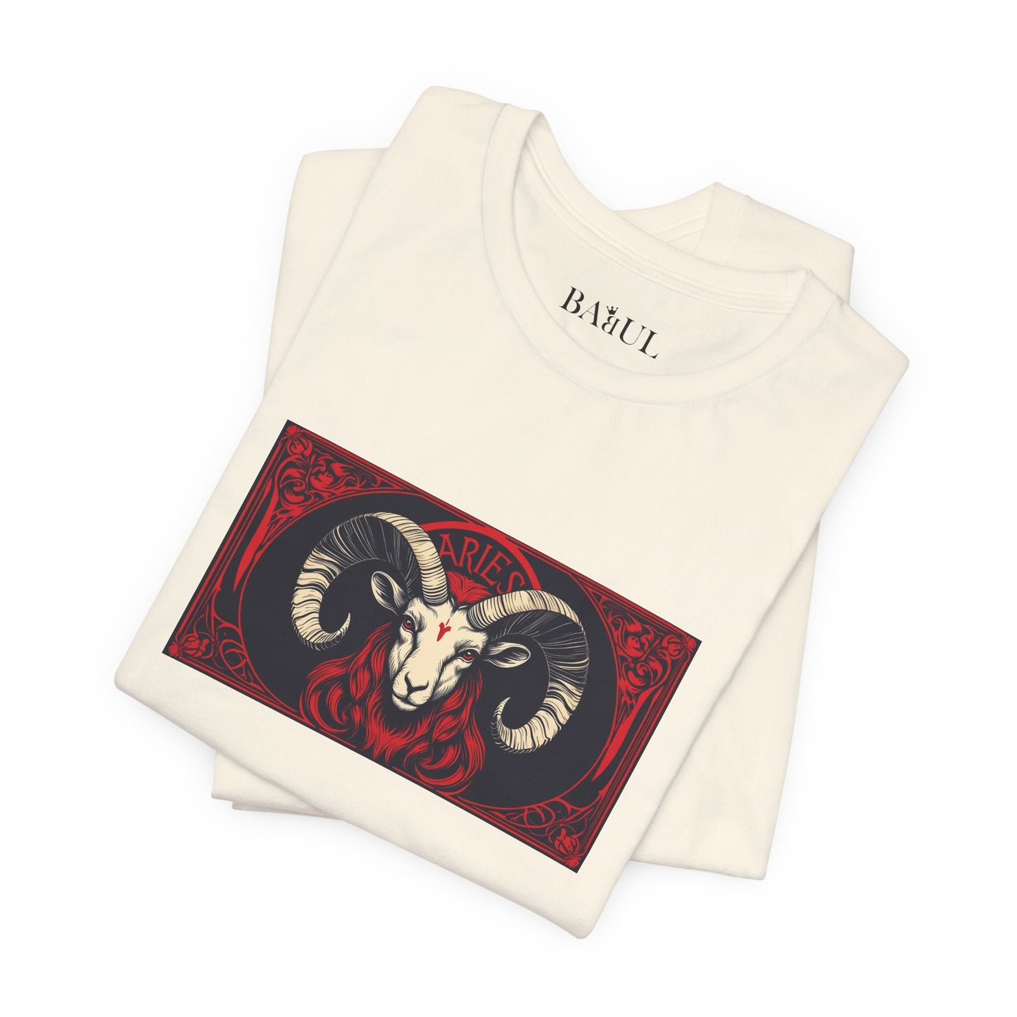 Ariete - T-shirt Zodiaco gotico. Grafica rossa sul davanti. Zodiaco nell'ombra.