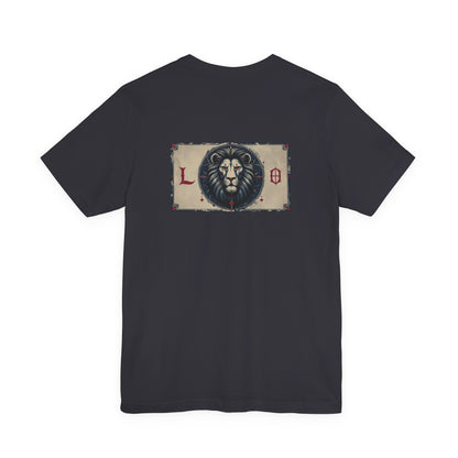 Leone - T-shirt con segno zodiacale gotico. Grafica blu sul retro. Segno zodiacale nell'ombra.