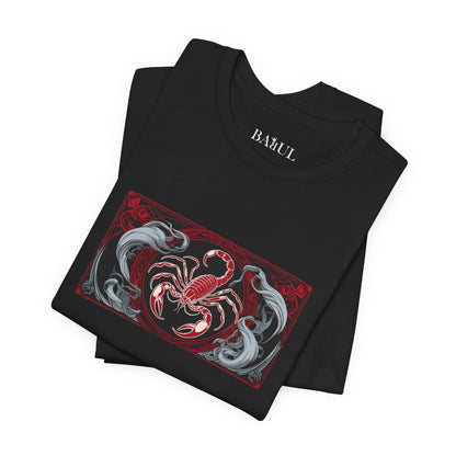 Scorpione - T-shirt Zodiaco gotico. Grafica rossa sul davanti. Zodiaco nell'ombra.