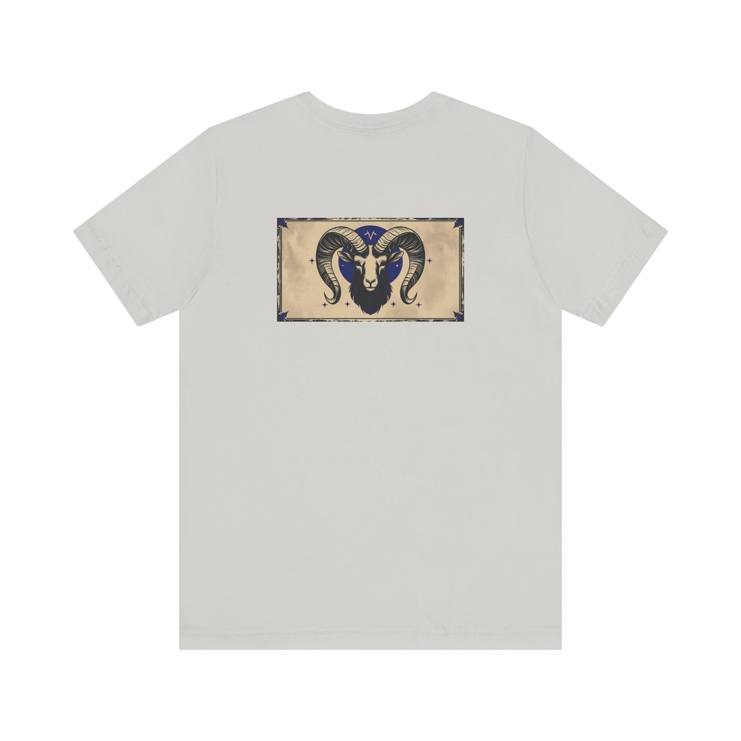 Ariete - T-shirt con segno zodiacale gotico. Grafica blu sul retro. Segno zodiacale nell'ombra.