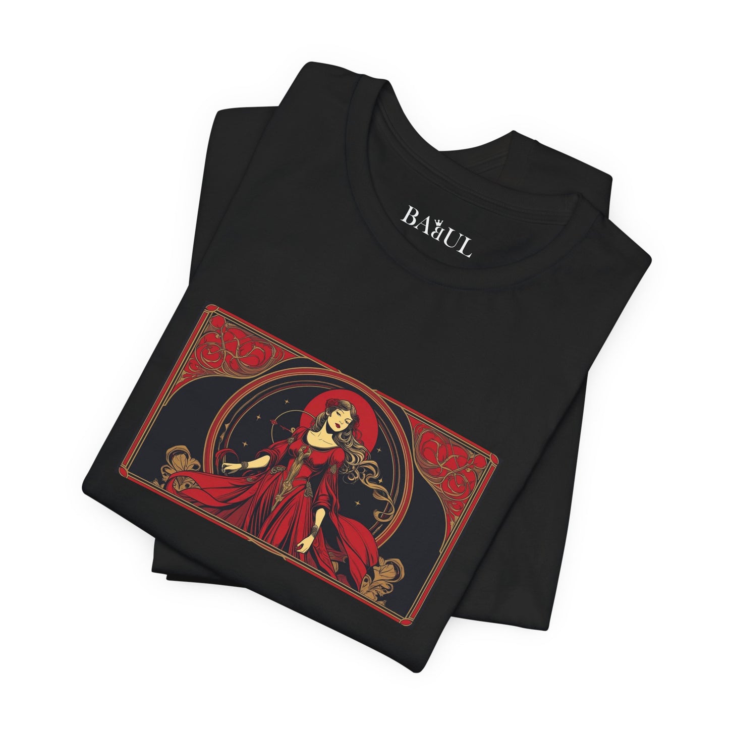 Vergine - T-shirt Zodiaco gotico. Grafica rossa sul davanti. Zodiaco nell'ombra.