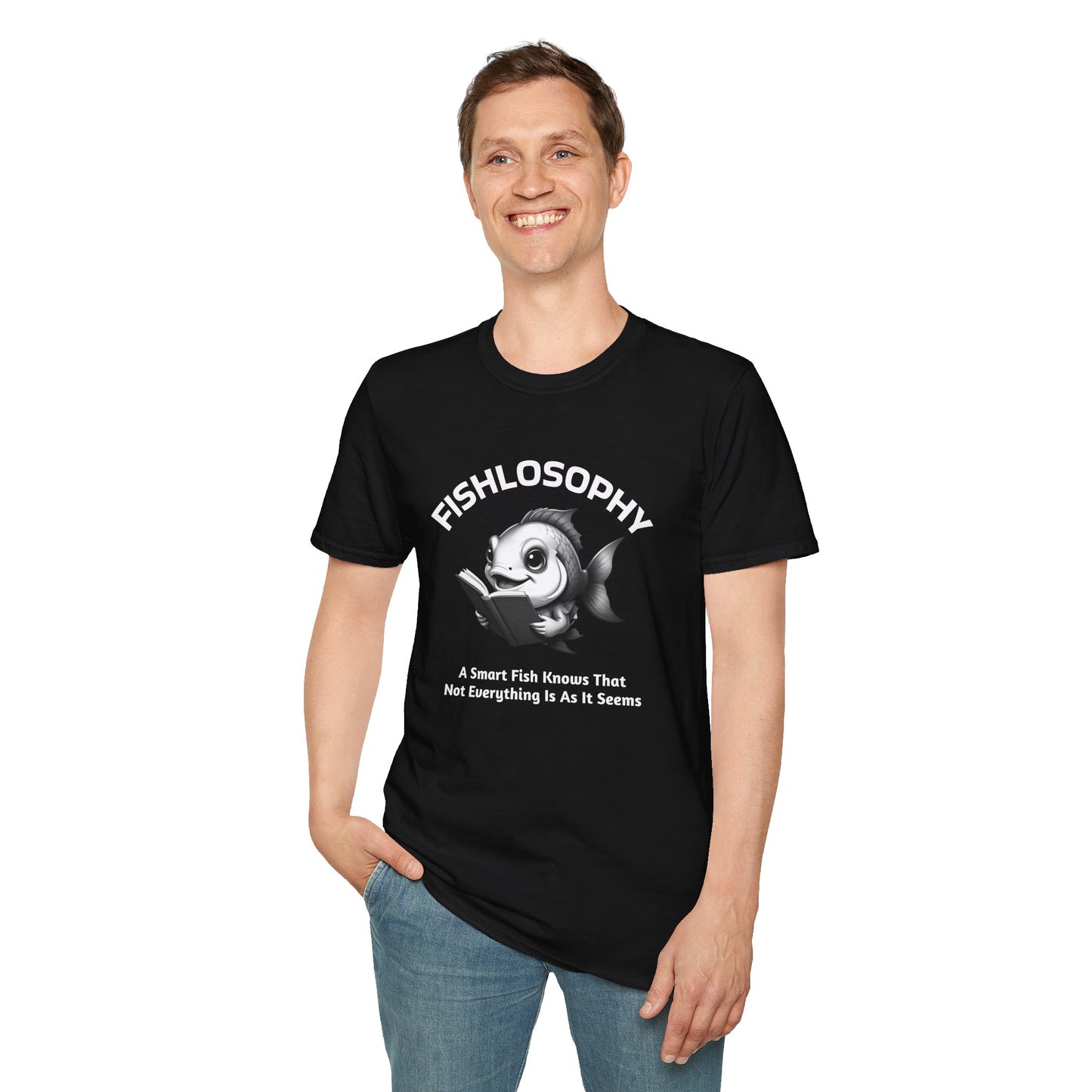 Maglietta unisex Fishlosophy - Design con vibrazioni oceaniche e domande sulla vita - Un pesce intelligente sa che non tutto è come sembra.