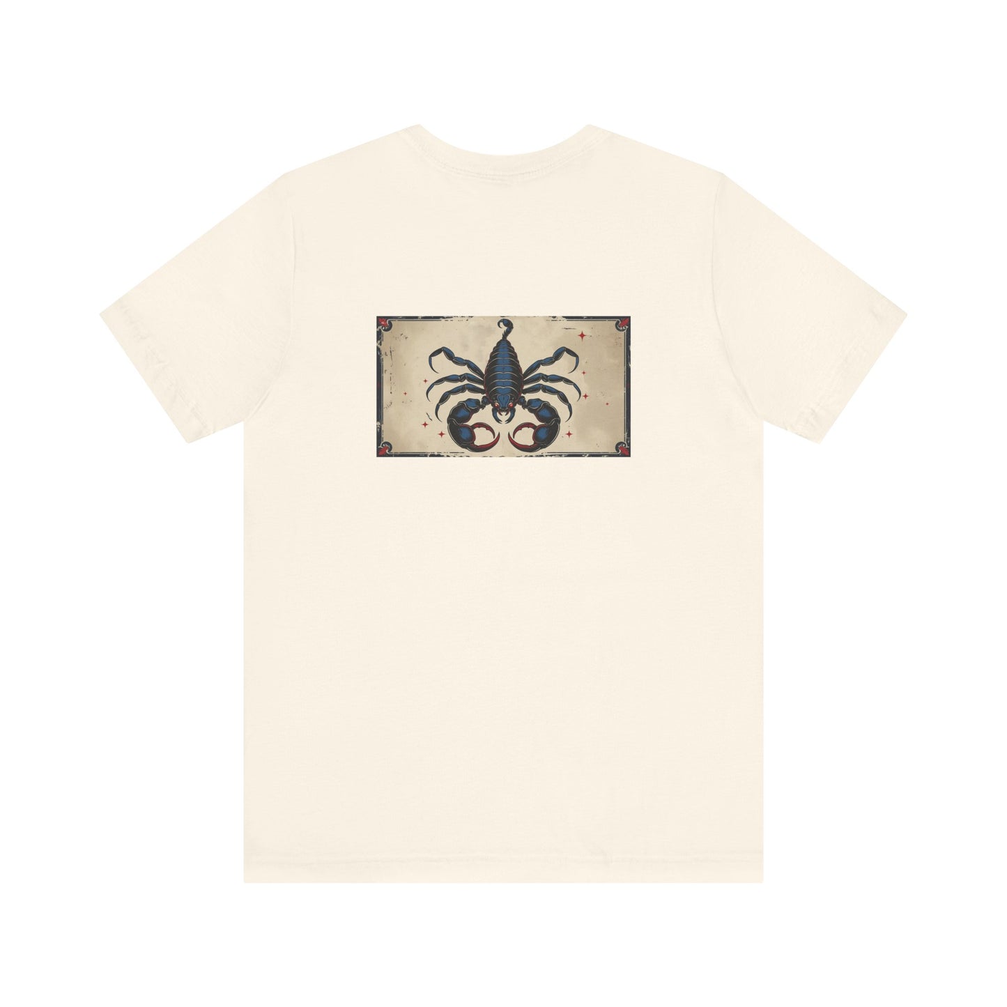 Scorpione - T-shirt con segno zodiacale gotico. Grafica blu sul retro. Segno zodiacale nell'ombra.