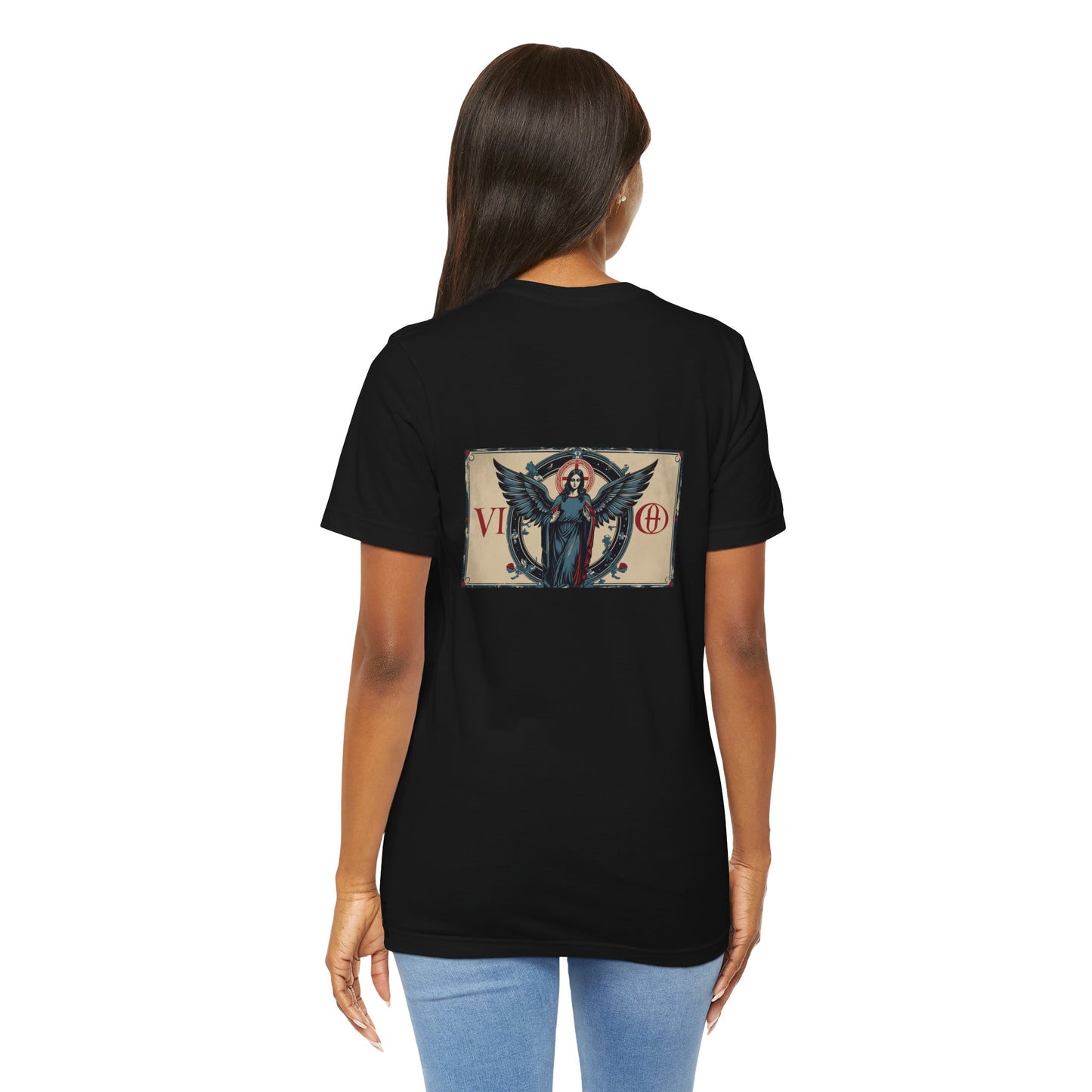 Vergine - T-shirt con segno zodiacale gotico. Grafica blu sul retro. Segno zodiacale nell'ombra.