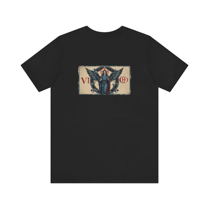 Vergine - T-shirt con segno zodiacale gotico. Grafica blu sul retro. Segno zodiacale nell'ombra.