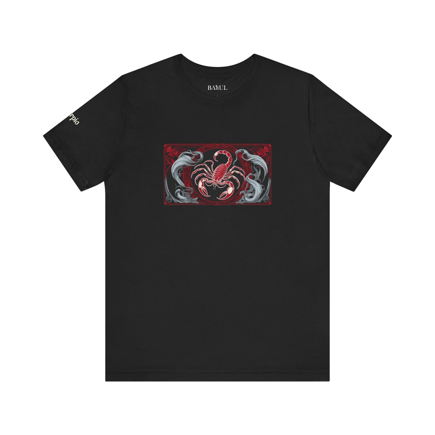 Scorpione - T-shirt Zodiaco gotico. Grafica rossa sul davanti. Zodiaco nell'ombra.