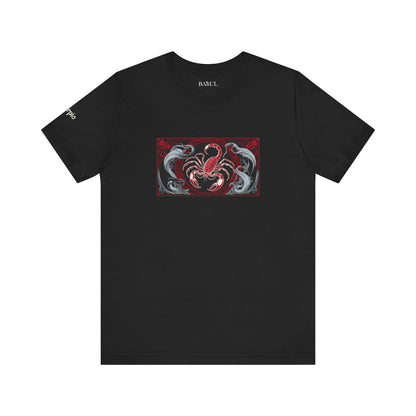 Scorpione - T-shirt Zodiaco gotico. Grafica rossa sul davanti. Zodiaco nell'ombra.
