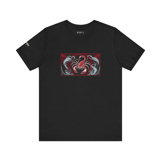 Scorpione - T-shirt Zodiaco gotico. Grafica rossa sul davanti. Zodiaco nell'ombra.