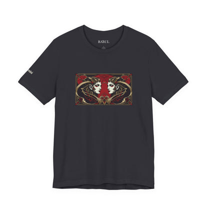 Gemelli - T-shirt Zodiaco gotico. Grafica rossa sul davanti. Zodiaco nell'ombra.