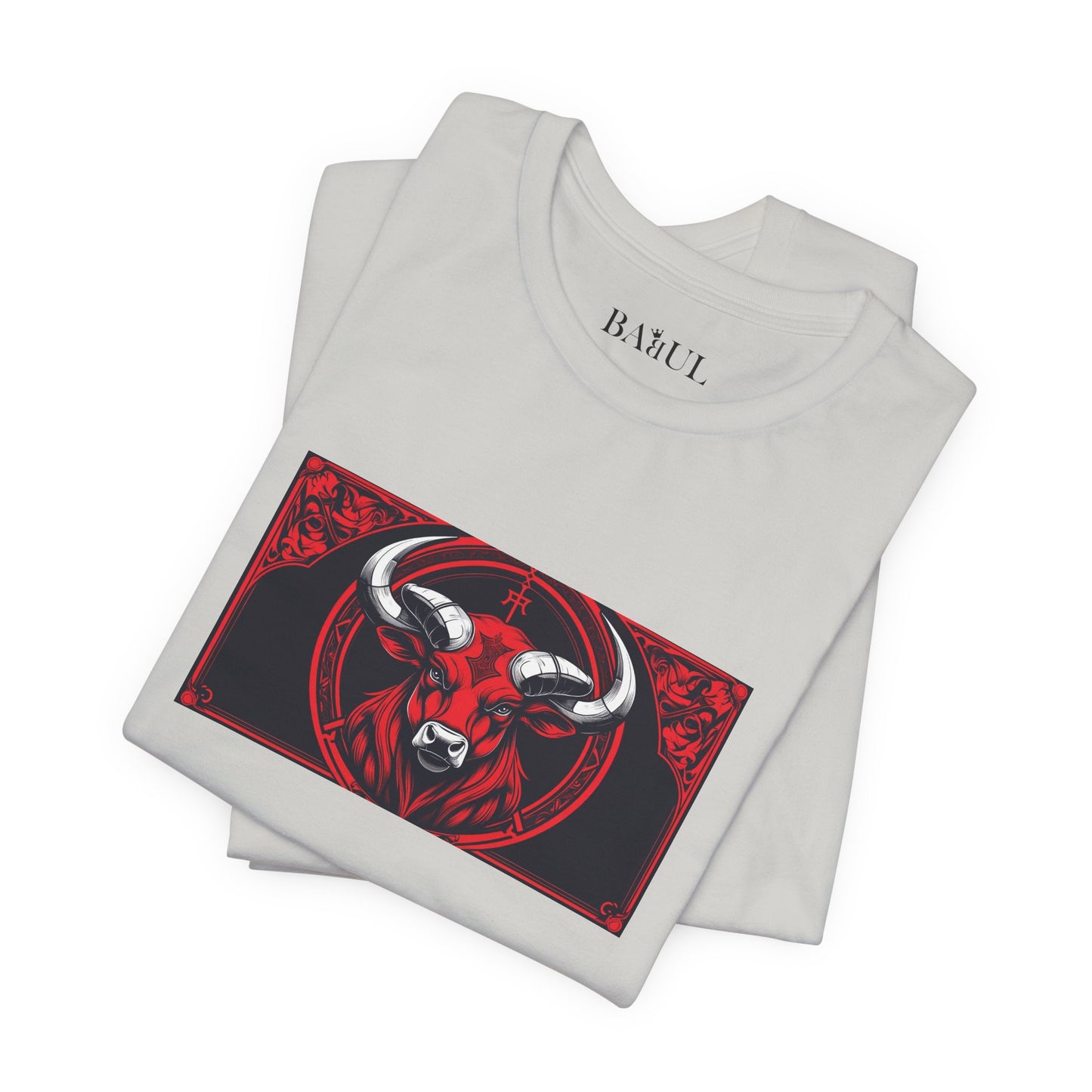 Toro - T-shirt Zodiaco gotico. Grafica rossa sul davanti. Zodiaco nell'ombra.