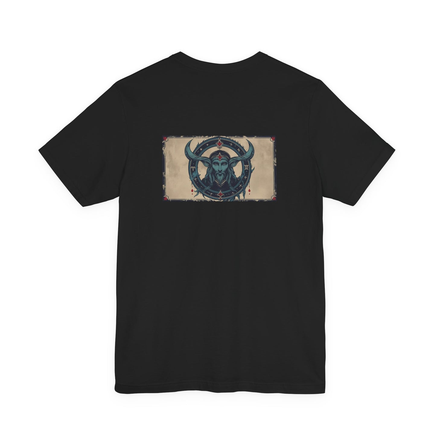 Capricorno - T-shirt con segno zodiacale gotico. Grafica blu sul retro. Segno zodiacale nell'ombra.