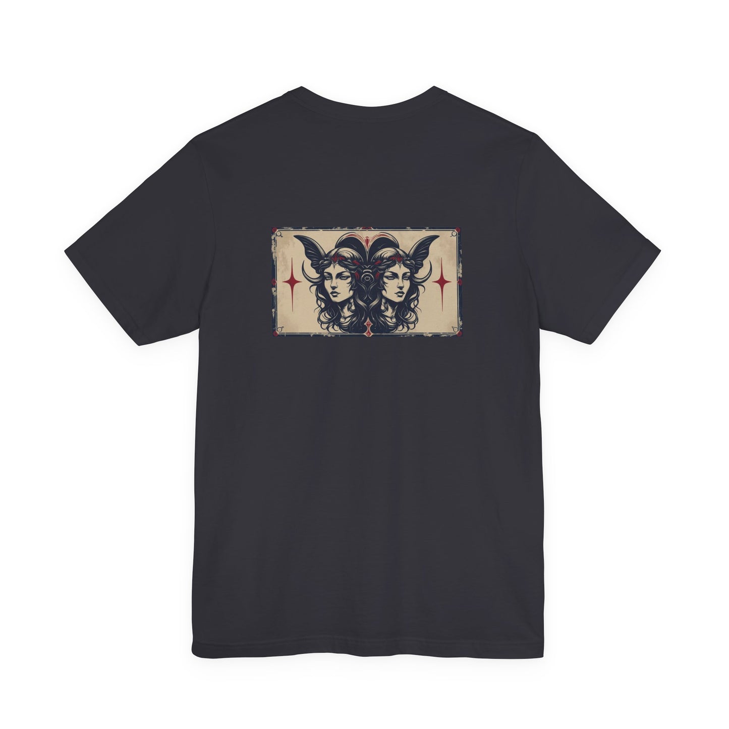 Gemelli - T-shirt con segno zodiacale gotico. Grafica blu sul retro. Segno zodiacale nell'ombra.