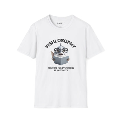 Maglietta unisex Fishlosophy - Design con vibrazioni oceaniche e domande sulla vita - La cura per tutte le malattie è l'acqua salata.