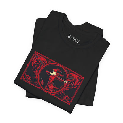 Sagittario - T-shirt Zodiaco gotico. Grafica rossa sul davanti. Zodiaco nell'ombra.