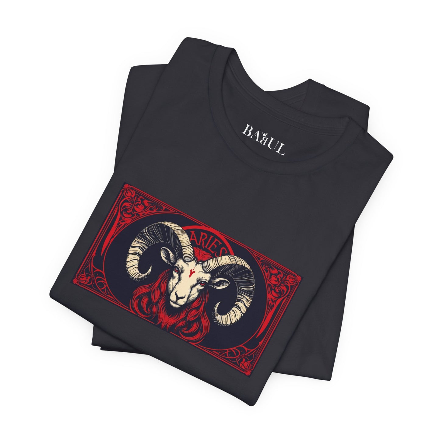 Ariete - T-shirt Zodiaco gotico. Grafica rossa sul davanti. Zodiaco nell'ombra.