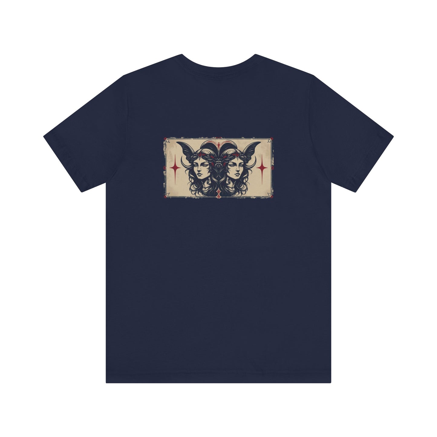 Gemelli - T-shirt con segno zodiacale gotico. Grafica blu sul retro. Segno zodiacale nell'ombra.