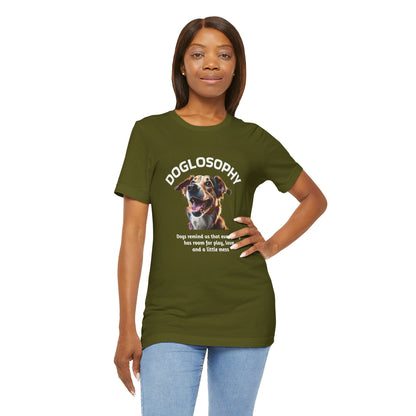 Maglietta a maniche corte unisex Doglosophy – Design "I Cani ci ricordano che ogni giorno c'è tempo per giocare, per amare e per fare un pò di confusione"