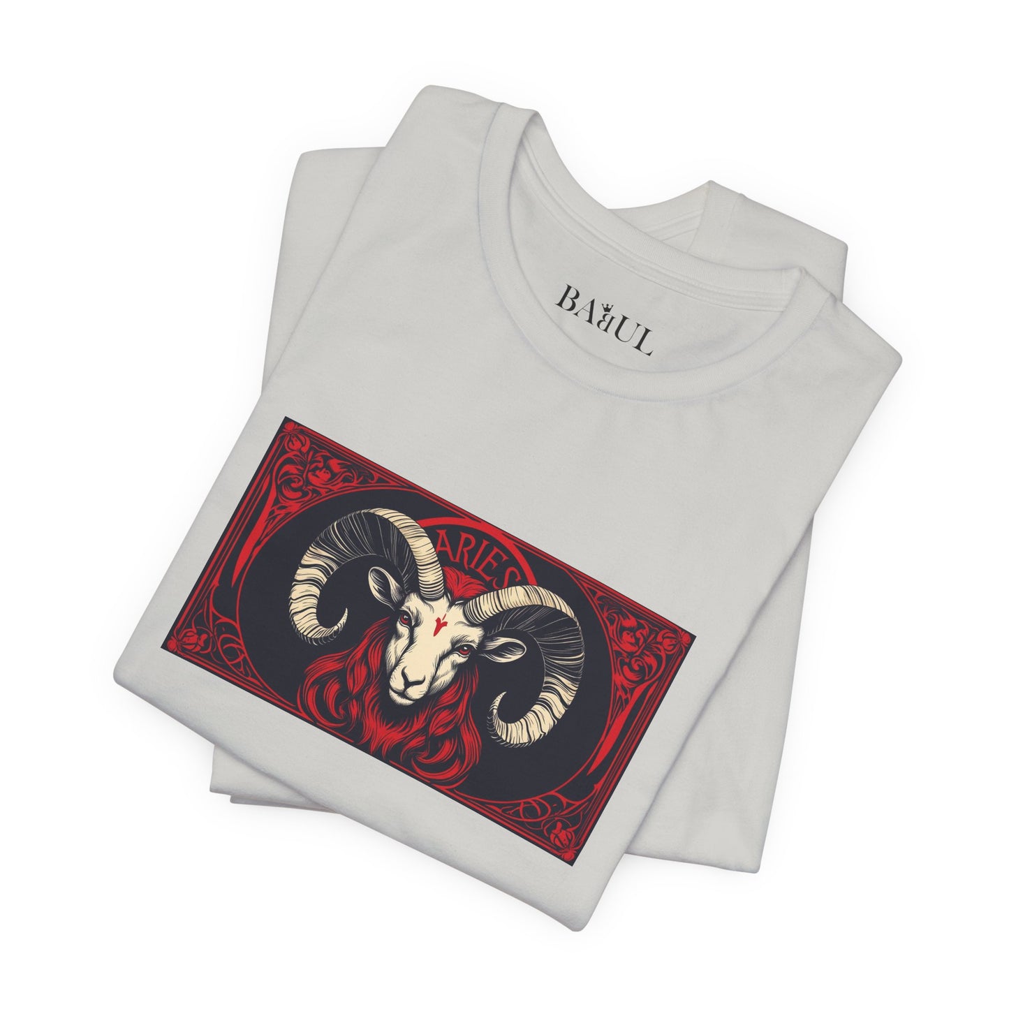 Ariete - T-shirt Zodiaco gotico. Grafica rossa sul davanti. Zodiaco nell'ombra.