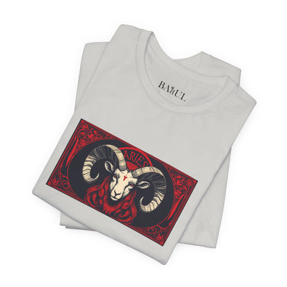 Ariete - T-shirt Zodiaco gotico. Grafica rossa sul davanti. Zodiaco nell'ombra.
