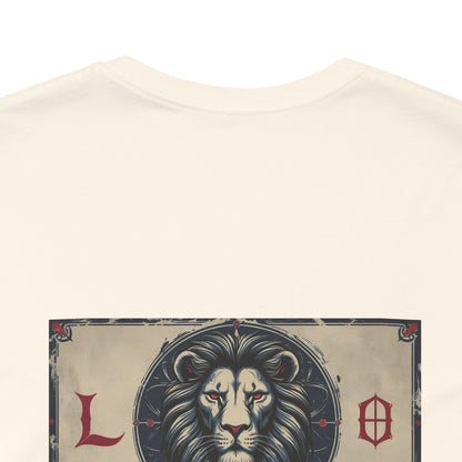Leone - T-shirt con segno zodiacale gotico. Grafica blu sul retro. Segno zodiacale nell'ombra.