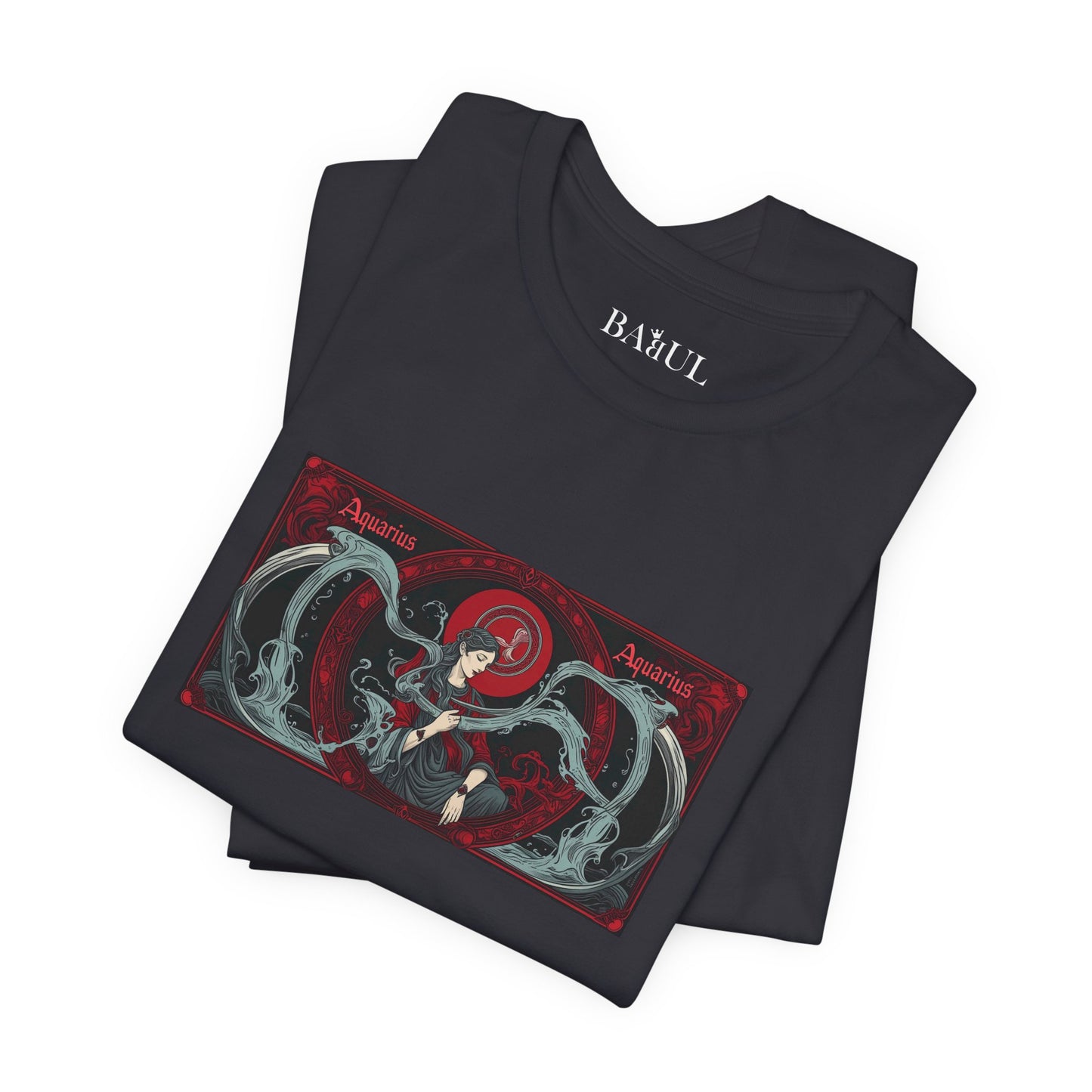 Acquario - T-shirt Zodiaco gotico. Grafica rossa sul davanti. Zodiaco nell'ombra.